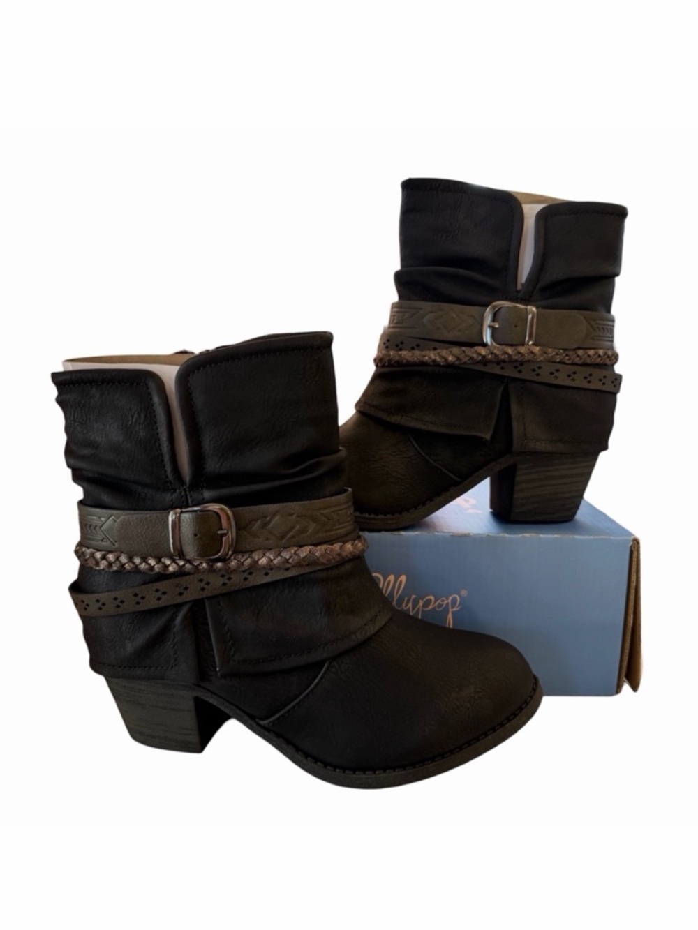 Jellypop Evolve Black Heeled Boots Strap Boho Western Winter Fall Moto Women’s